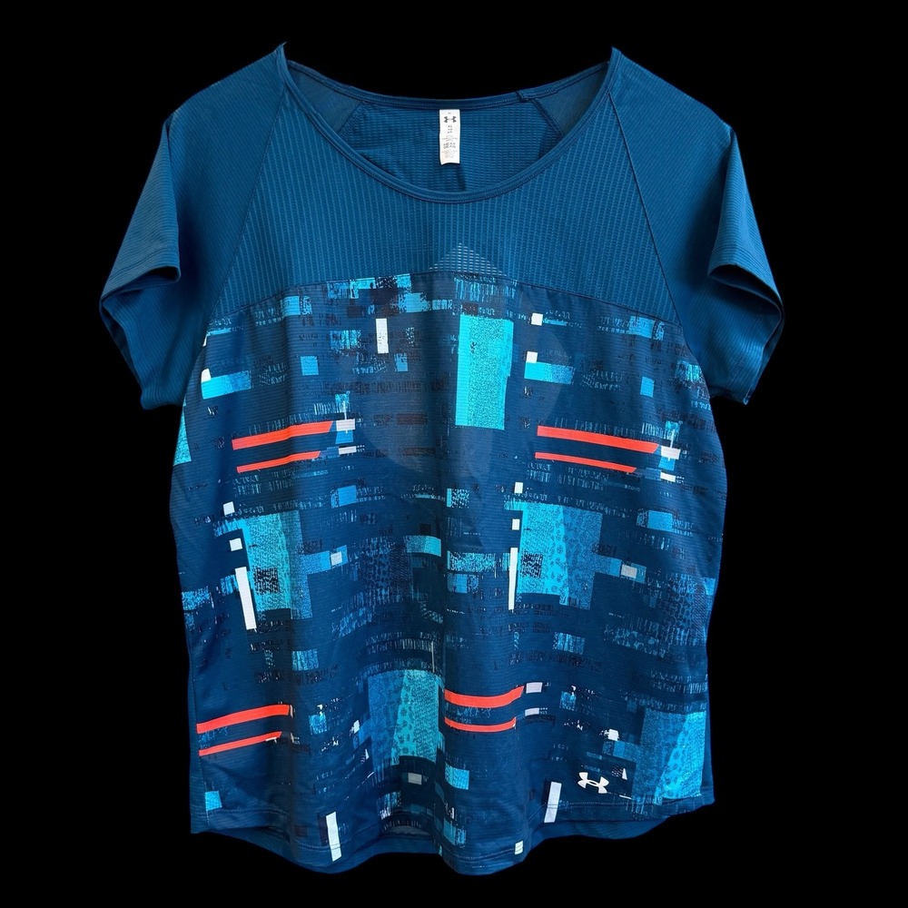 Under Armour HeatGear Womens XL Fitted Blue Geometric Graphic Cutout Back Shirt